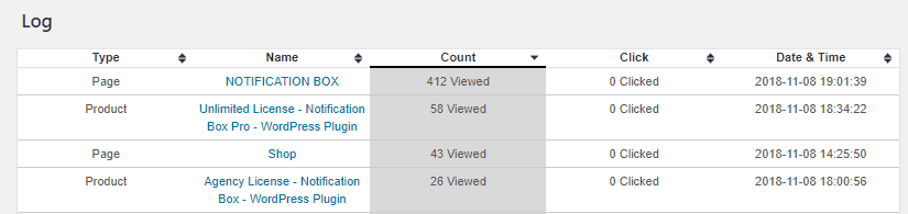NOTIFICATION BOX VERSION 1.6 RELEASED 2 Notification Box - Social Proof WordPress plugin Sort Logging Information
